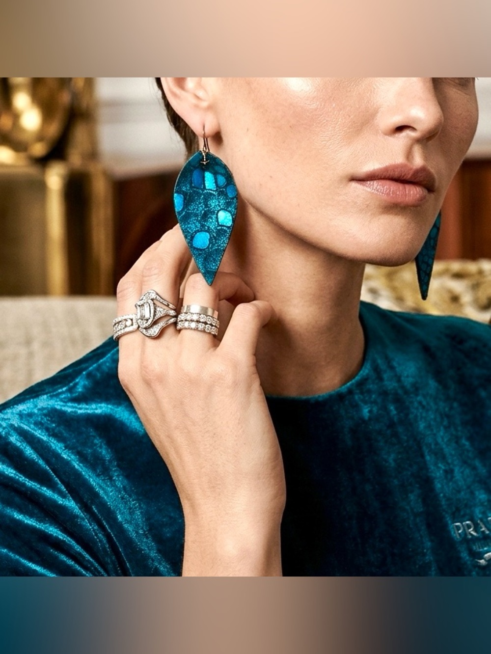 Metallic Teal Blue Genuine Leather Crocodile Leaf Teardrop Dangle Earrings